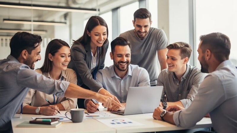 L'image montre un employé entouré de ses collègues, tous souriants et engagés dans une discussion collaborative, illustrant ainsi un fort esprit d'équipe. Cette scène met en avant des compétences comportementales et une communication efficace, essentielles pour la réussite collective dans le milieu professionnel.