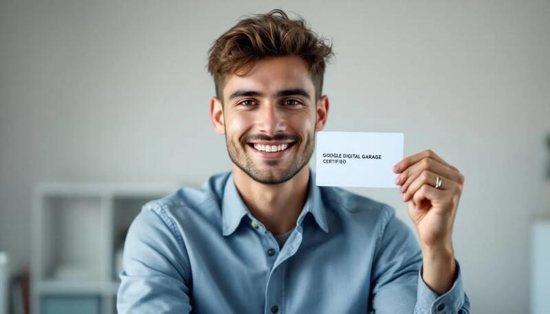 Un jeune actif souriant tient dans sa main une certification professionnelle du Google Digital Garage, symbolisant ses compétences en marketing digital. Cette certification représente un atout précieux pour booster son CV et améliorer ses chances sur le marché du travail.
