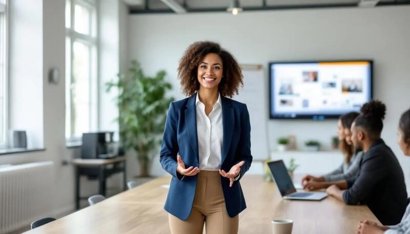 Une femme professionnelle présente ses idées à ses collègues dans une salle de réunion lumineuse, illustrant son sens de la communication et son savoir-faire. Cette scène met en avant l'importance des qualités personnelles et des compétences dans le contexte d'un entretien d'embauche.