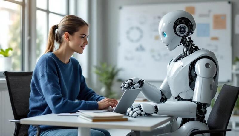 Dans cette image, un robot et un humain collaborent sur un projet, illustrant l'harmonie entre l'intelligence artificielle et les compétences humaines. Cette scène met en avant l'importance de travailler en équipe et d'adapter ses savoir-faire pour répondre aux attentes du marché du travail.