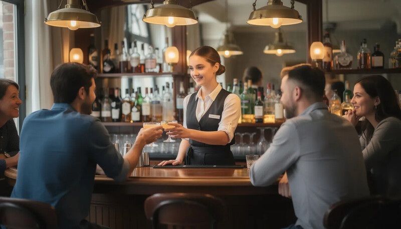 Une femme barman, souriante, sert des cocktails à des clients assis au comptoir d'un bar animé. Elle fait preuve de compétences en mixologie tout en offrant un excellent service client dans un cadre chaleureux et convivial.