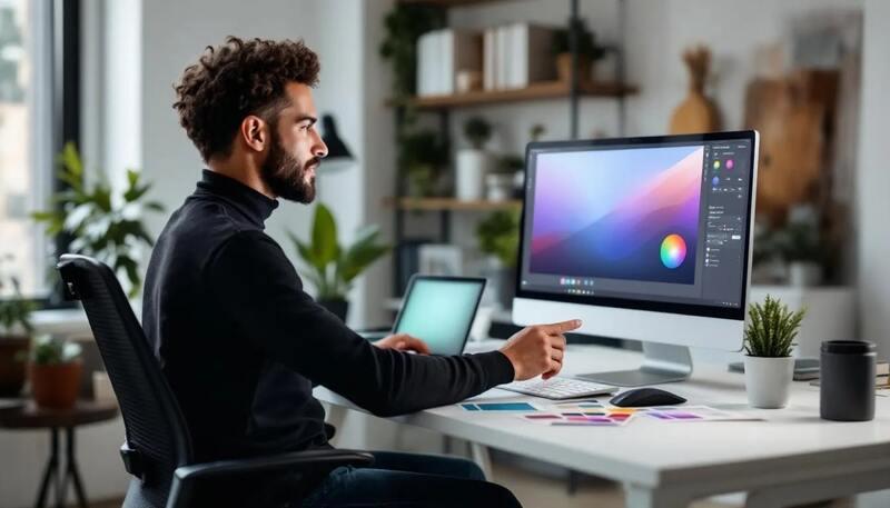Un designer est assis à un bureau, entouré de divers outils de design, en train de travailler sur une palette de couleurs. Cette scène illustre l'importance de la créativité et des compétences techniques dans le milieu professionnel du design, essentiel pour une communication visuelle efficace.