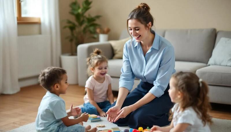 Une jeune femme souriante joue avec des enfants dans un salon accueillant, rempli de jouets colorés. Cette scène évoque des moments de partage et de plaisir, tout en soulignant l'importance de trouver des activités qui peuvent aider à arrondir ses fins de mois, comme le baby-sitting.