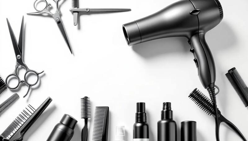 L'image montre une variété d'outils de coiffure, y compris des ciseaux, des peignes, des sèche-cheveux et des produits de coiffage, soigneusement disposés pour évoquer l'ambiance d'un salon de coiffure professionnel. Ces outils illustrent les compétences essentielles des coiffeurs et leur mise en œuvre dans le métier de la coiffure.