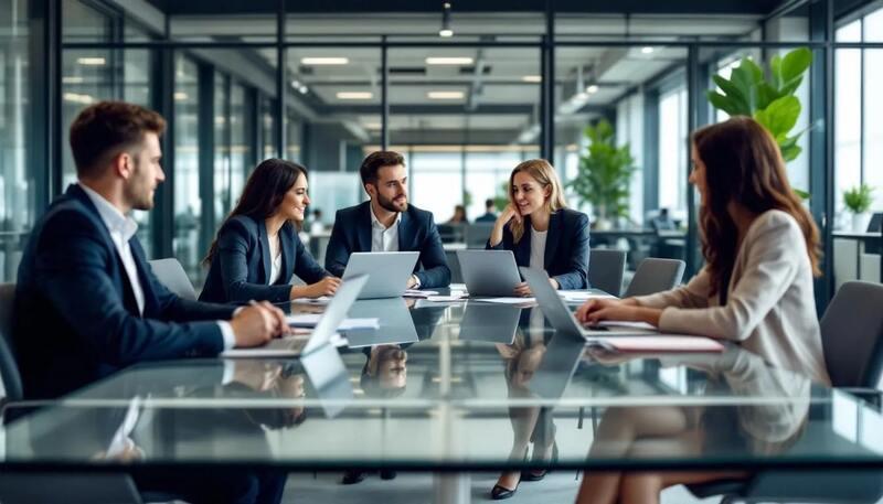 Une équipe de professionnels collabore autour d'une table de conférence dans un bureau moderne, mettant en avant leurs compétences en communication et leur esprit d'équipe pour résoudre des problèmes lors de discussions stratégiques. Cette scène illustre l'importance des qualités personnelles et des soft skills dans un environnement de travail collaboratif.