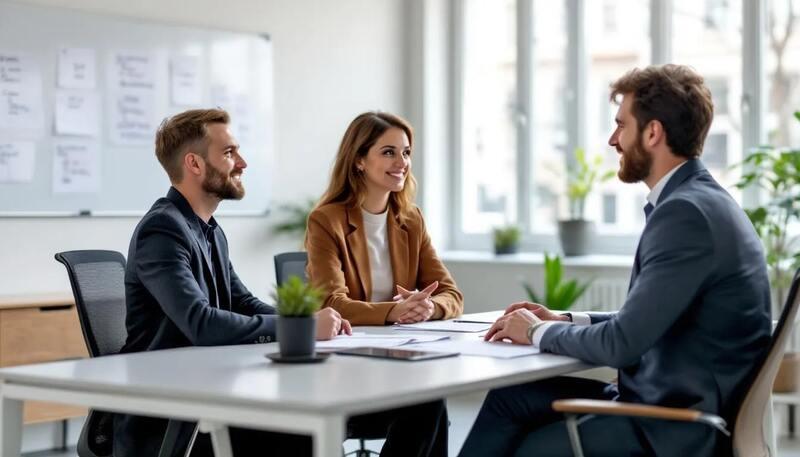 Dans une atmosphère moderne, un conseiller de France Travail discute avec un demandeur d'emploi dans un bureau éclairé, échangeant des conseils sur les offres d'emploi et les compétences nécessaires pour réussir dans leur recherche d'emploi. Ce moment illustre l'importance de l'accompagnement dans le processus de candidature et d'embauche.