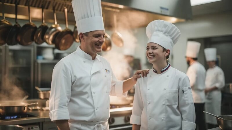 Un chef cuisinier souriant félicite son apprenti cuisinier dans une cuisine professionnelle, mettant en avant leur collaboration au sein de l'équipe. L'image illustre la passion pour la cuisine et le savoir-faire transmis dans le secteur de la restauration.
