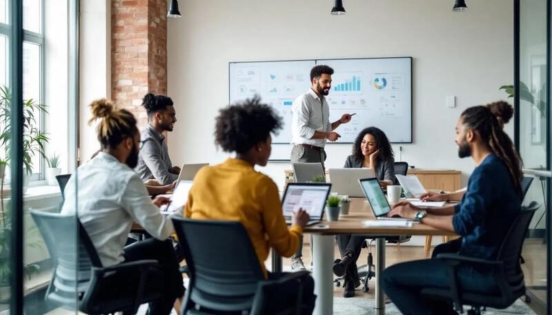Dans une ambiance collaborative, un groupe diversifié de professionnels échange des idées et travaille ensemble dans un espace de bureau ouvert, mettant en avant leurs compétences et qualités personnelles. Cette dynamique illustre l'importance du travail d'équipe et des soft skills dans un contexte professionnel.