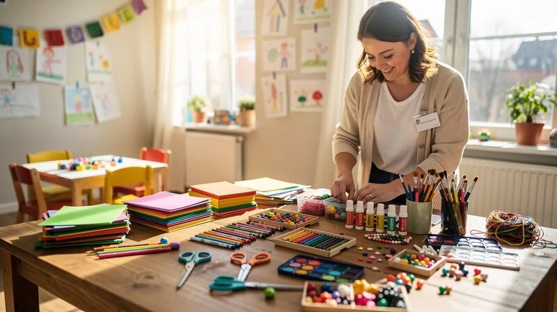 Un animateur socioculturel organise du matériel créatif coloré sur une table, préparant un atelier pour des enfants. On peut voir des fournitures telles que des crayons, des papiers colorés et des outils d'arts plastiques, illustrant son rôle dans l'animation et la gestion d'activités ludiques.
