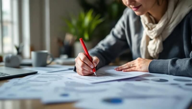 Dans l'image, un professionnel examine des documents de CV avec un stylo rouge, apportant des corrections et des suggestions. Cela illustre l'importance de mettre en valeur ses qualités personnelles et compétences pour réussir dans un entretien d'embauche.