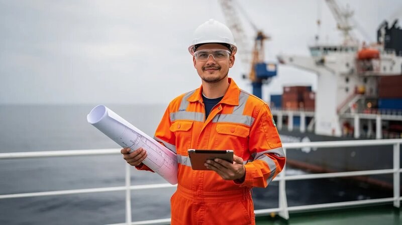 L'image montre un ingénieur en génie maritime, vêtu d'un casque de sécurité et d'une veste réfléchissante, examinant des plans de construction près d'un chantier naval. En arrière-plan, on peut apercevoir des bateaux et des infrastructures maritimes, illustrant ainsi le domaine du génie civil appliqué à la construction navale.