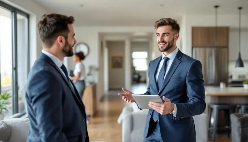 L'image montre un agent immobilier utilisant une tablette pour faire une présentation à un client, illustrant ainsi son métier dans le secteur de l'immobilier. L'agent, engagé et professionnel, semble discuter des biens disponibles tout en consultant des données sur son appareil.