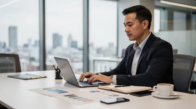 Un consultant au travail est assis à son bureau, entouré de documents et d'outils numériques, en train de mettre à jour un CV de consultant pour un client. Il analyse des données et élabore des stratégies pour des projets en ressources humaines dans un cabinet de conseil à Paris.
