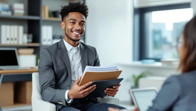 Un étudiant présente son parcours de formation lors d'un entretien, mettant en avant ses compétences et expériences pour décrocher son premier emploi. Il utilise un CV structuré pour convaincre le recruteur de sa légitimité sur le marché du travail.