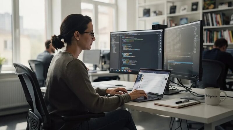 Une informaticienne est concentrée sur son travail, entourée de plusieurs écrans d'ordinateur affichant des lignes de code et des graphiques. Elle utilise des logiciels de développement pour gérer des projets informatiques, illustrant ses compétences en programmation et en gestion de projet dans le secteur IT.