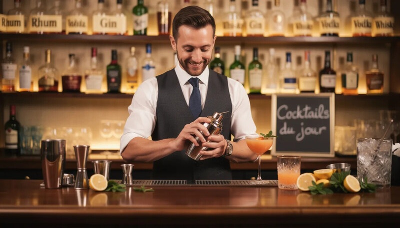 Un barman se tient derrière son comptoir, concentré sur la préparation d'un cocktail coloré, entouré de bouteilles et d'ustensiles de mixologie. L'ambiance du bar est animée, avec des clients attendant avec impatience leurs boissons.