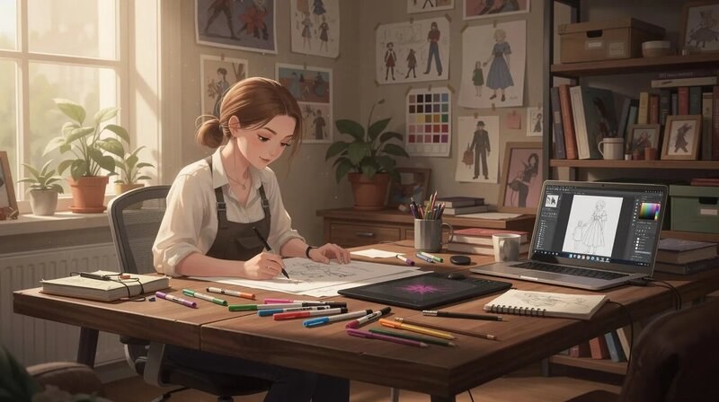Une illustratrice est assise à son bureau, concentrée sur la création d'illustrations pour un projet de bande dessinée. Des crayons, des croquis et un ordinateur portable sont visibles autour d'elle, témoignant de son processus de travail et de sa passion pour les arts plastiques.
