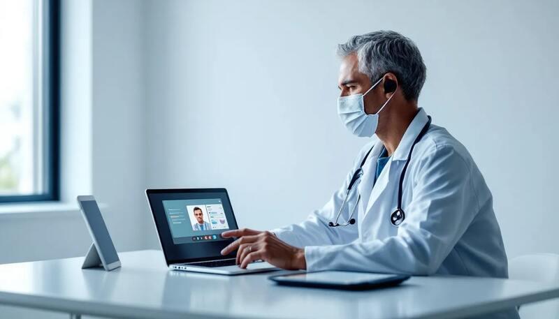 Un médecin généraliste effectue une téléconsultation avec un patient, utilisant des équipements technologiques modernes pour assurer une prise en charge efficace. L'image illustre l'importance de la médecine à distance dans le secteur de la santé, mettant en avant les compétences et l'expertise du médecin.