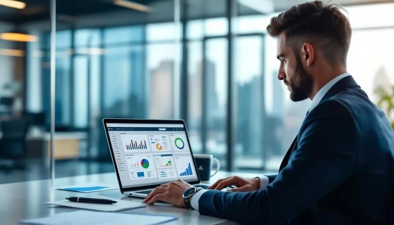 Dans l'image, un professionnel est assis à un bureau, travaillant sur un ordinateur portable entouré de documents et de graphiques. Ce cadre reflète un milieu professionnel dynamique où les compétences en communication et la gestion de projet sont essentielles pour le développement de la carrière.