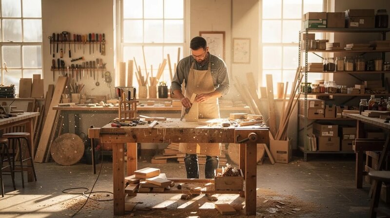 Un artisan est en train de travailler dans un atelier lumineux, entouré d'outils et de matériaux, illustrant ainsi l'importance des métiers manuels dans le secteur privé en France. Ce cadre reflète une carrière enrichissante, souvent associée à des rémunérations compétitives et à des débouchés variés.