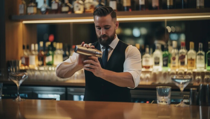 Un barman est en train d'utiliser son shaker derrière le bar, concentré sur la préparation de cocktails pour ses clients. L'image illustre le métier de barman et met en avant ses compétences en mixologie et son service client.