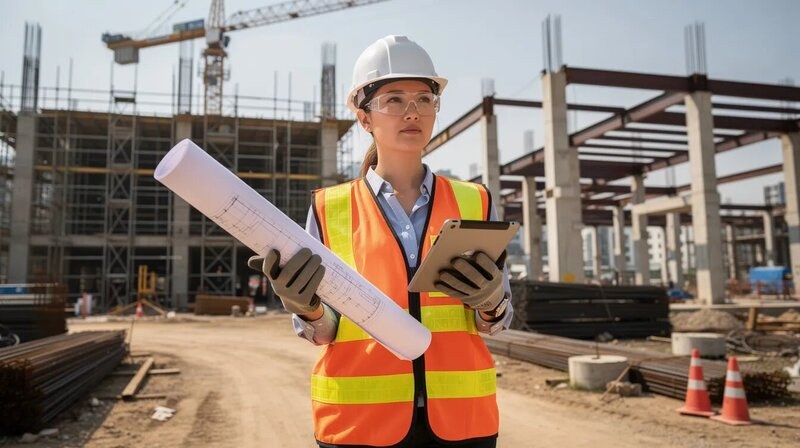Une femme ingénieur en génie civil est en train de travailler sur un chantier de construction, examinant des plans et discutant avec son équipe. Elle porte un casque de sécurité et des vêtements de travail, symbolisant son rôle essentiel dans la gestion de projet et la conception d'infrastructures.