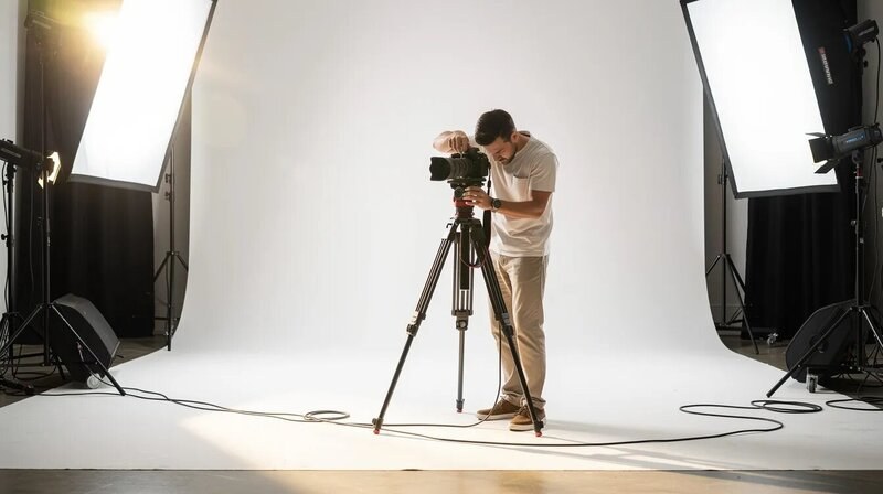 Un photographe professionnel ajuste son appareil photo dans un studio lumineux, entouré d'outils de photographie. La scène met en avant l'importance de la mise en scène et de la composition pour obtenir des clichés de qualité.