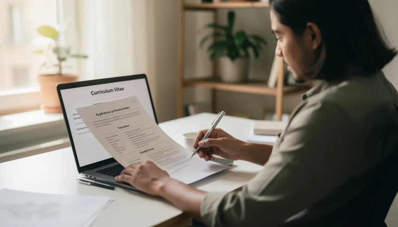 Une personne est assise à un bureau, concentrée sur la rédaction de son CV. Sur la table, on aperçoit des notes et un ordinateur portable, tandis qu'elle réfléchit à la manière de mettre en valeur son expérience professionnelle et ses compétences pour sa candidature.