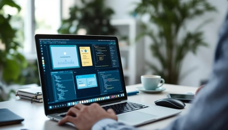 Une personne professionnelle est assise devant un ordinateur portable, utilisant plusieurs outils numériques affichés à l'écran, illustrant ses compétences informatiques et sa maîtrise des logiciels pour la gestion de projet et le développement web. Cette scène met en avant l'importance des compétences à inclure dans un CV pour attirer l'attention des recruteurs dans le monde du travail.