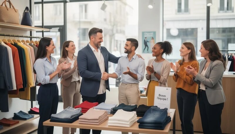 L'image montre un manager de boutique de vêtements félicitant chaleureusement ses équipes pour leur excellent travail, illustrant ainsi un bon exemple de leadership et de gestion. L'ambiance est positive, mettant en avant les compétences en service client et la motivation de l'équipe.