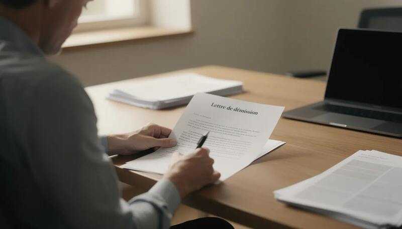 L'image montre une personne assise à un bureau, concentrée sur la rédaction d'une lettre de démission. On peut voir des feuilles de papier et un stylo, symbolisant le processus de formalisation de son départ d'une entreprise.
