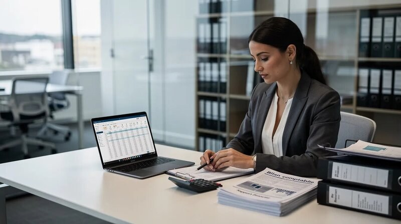 Une femme comptable est assise à son bureau, entourée de documents financiers et de chiffres, en train de travailler sur des comptes annuels. Elle utilise un ordinateur portable pour rédiger un CV de comptable, mettant en avant ses compétences et son expérience dans le domaine de la comptabilité.