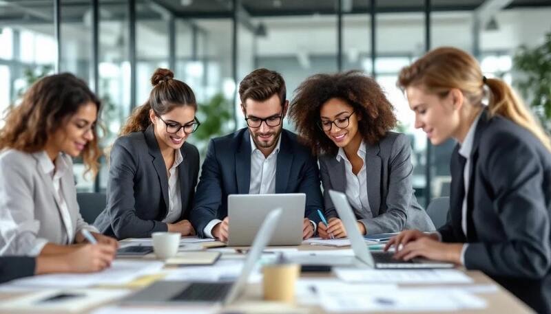 Dans l'image, plusieurs professionnels collaborent autour d'une table, utilisant des ordinateurs portables et examinant des documents, illustrant l'importance des compétences techniques et comportementales dans un environnement de travail collaboratif. Cette scène met en avant la capacité à travailler en équipe et la gestion de projet, essentielles pour répondre aux attentes des employeurs.