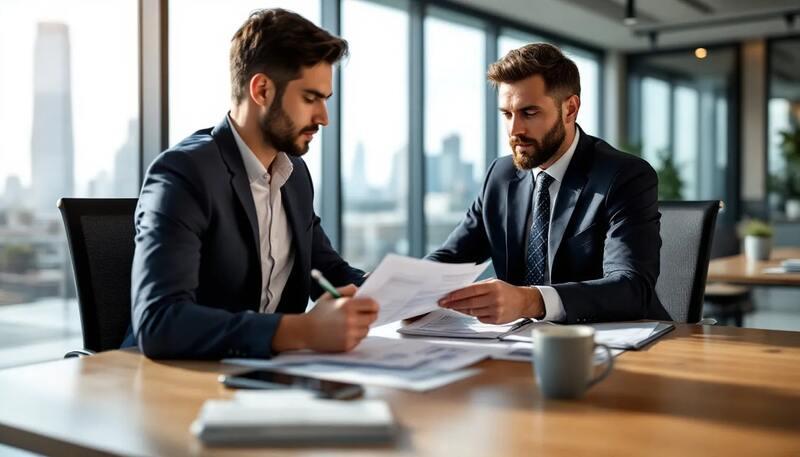Dans un bureau moderne, un professionnel, vêtu d'un costume, analyse des documents financiers sur un bureau en bois, entouré d'outils de travail comme un ordinateur portable et des graphiques. Cette scène évoque le secteur bancaire et le métier de chargé d'affaires, mettant en avant l'importance de l'analyse financière et de la gestion de portefeuille.