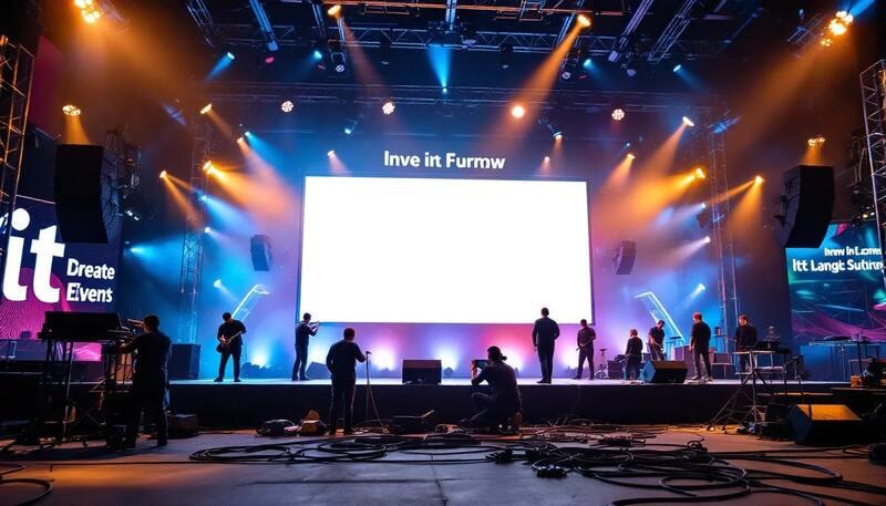 Une vue d'ensemble d'un événement professionnel en préparation montre des équipes s'affairant autour de matériel technique, illustrant la mise en œuvre d'un projet événementiel. Des chefs de projet et chargés de projet événementiel coordonnent les opérations pour assurer la réussite de la manifestation.