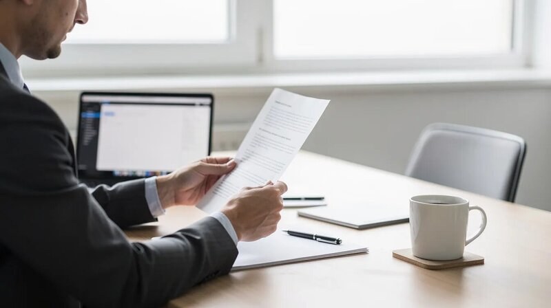 Une personne examine un document sur un bureau de bureau propre, avec un ordinateur portable et une tasse de café à proximité. Cette scène évoque un environnement de travail organisé, idéal pour la mise à jour d'un CV de policier ou la rédaction d'une lettre de motivation.