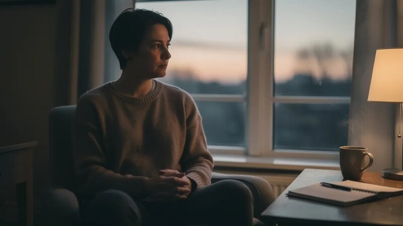 L'image montre une personne en pleine introspection personnelle, assise dans un environnement calme, réfléchissant à ses compétences et qualités. Cette scène évoque l'importance des soft skills et de la gestion du temps dans le développement personnel et professionnel.