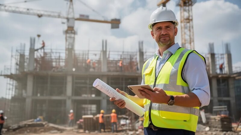 L'image montre un chef de projet en construction sur un chantier, portant un casque de sécurité et tenant un plan, tandis qu'il supervise une équipe de travailleurs. Cette scène illustre la gestion de projet et la coordination des activités sur le site.