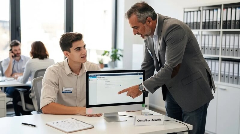 L'image montre un stagiaire conseiller en clientèle en train d'apprendre aux côtés de son maître de stage, dans un environnement de bureau. Ils échangent des conseils sur la gestion de la relation client et les services financiers, illustrant l'importance de l'expérience pratique dans le domaine de la clientèle.