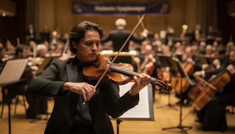 Un violoniste talentueux se produit sur scène au sein d'un orchestre symphonique, entouré d'autres musiciens, tandis qu'un chef d'orchestre dirige l'ensemble avec grâce. L'atmosphère est empreinte de musique classique, captivant le public dans un moment de pure harmonie.