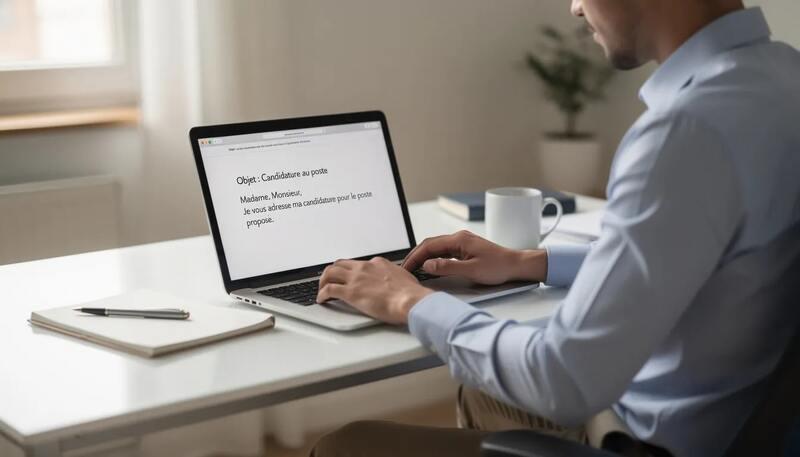 Un candidat assis devant son ordinateur, en train d'envoyer un email de candidature pour un poste. L'écran affiche un message avec l'objet