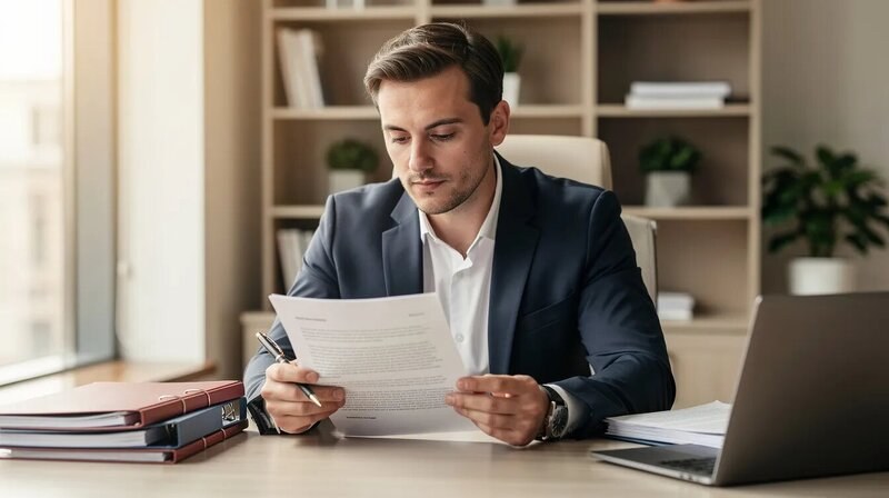 Une professionnelle est assise à un bureau, examinant des documents avec concentration. Elle utilise ses compétences techniques et son savoir-faire pour évaluer les informations, démontrant ainsi sa capacité à gérer efficacement les tâches liées à son métier.