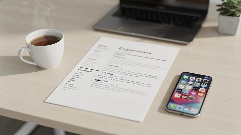Un bureau moderne et épuré présente un CV de community manager imprimé, une tasse de café et un smartphone affichant des applications de réseaux sociaux. Cet espace de travail reflète l'organisation et les compétences nécessaires pour le métier de community manager.