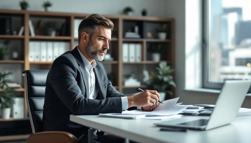 Un consultant professionnel est assis à un bureau, examinant des documents tout en utilisant un ordinateur portable. L'image illustre l'importance des compétences et des qualités à mettre en avant dans un CV pour les entretiens d'embauche.