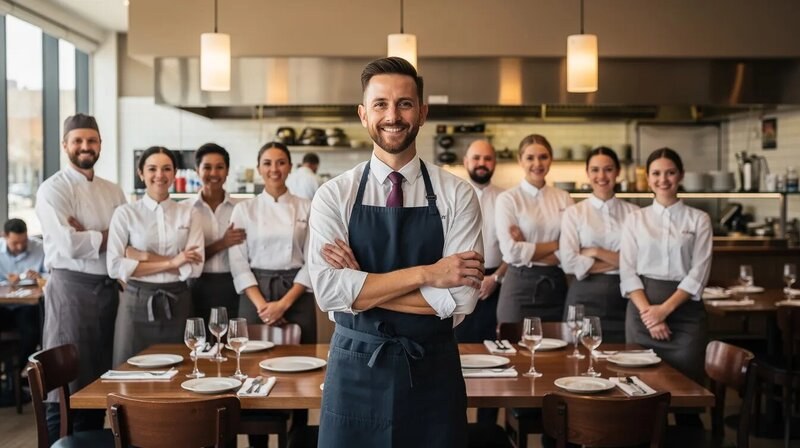L'image montre un manager de restaurant entouré de ses équipes, incluant des serveurs et un chef de cuisine, en pleine discussion sur l'organisation du service. Cette scène illustre l'importance du travail d'équipe et de la gestion dans le secteur de la restauration.