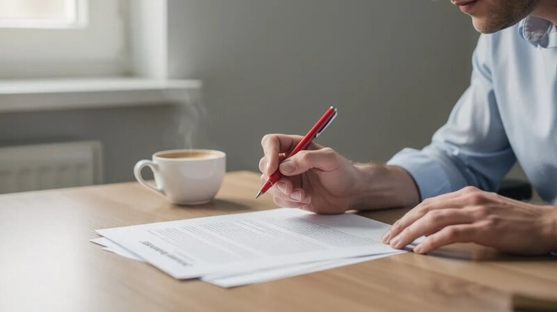 Une personne examine attentivement un document imprimé avec un stylo rouge, tandis qu'une tasse de café est posée sur le bureau. Ce moment de révision peut faire partie de la mise en page d'un CV de traducteur ou d'un texte professionnel.