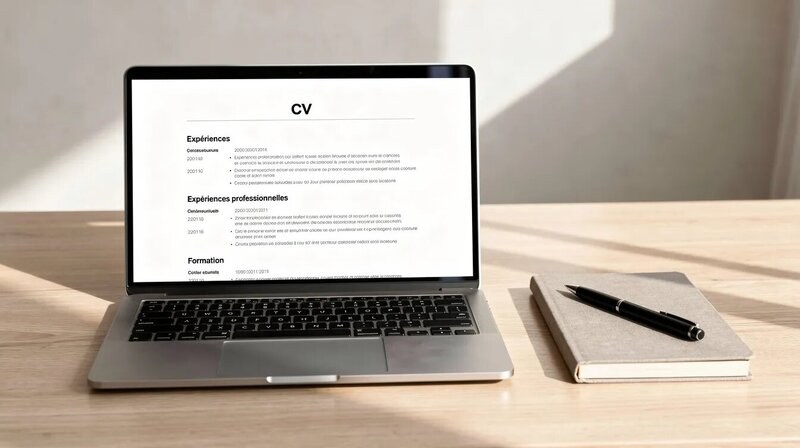 Un bureau épuré présente un ordinateur portable ouvert sur un document de CV d'animateur, avec un stylo et un carnet à côté, suggérant une préparation pour une candidature à un emploi dans le secteur de l'animation. L'espace est organisé et propice à la lecture et à la réflexion sur les compétences et l'expérience requises pour le poste.