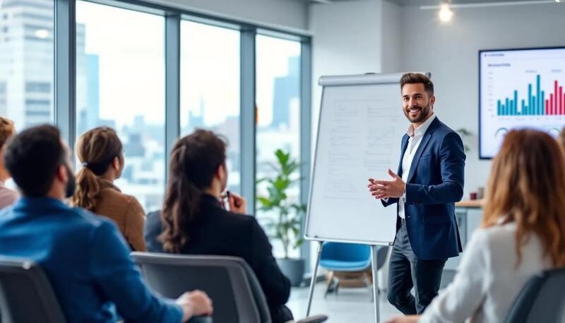 Une personne présente des informations à un groupe diversifié dans un bureau moderne, mettant en avant ses compétences en communication et son savoir-faire. La scène illustre un milieu professionnel où l'écoute active et la communication verbale sont essentielles pour engager l'audience.