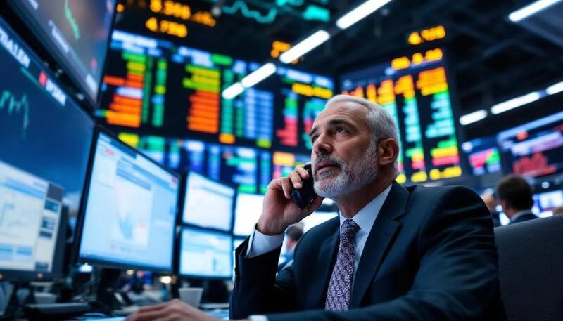 Un trader est assis devant plusieurs écrans dans une salle des marchés, analysant des graphiques et prenant des décisions rapides pour optimiser les investissements. Son environnement reflète le secteur financier, où la gestion des risques et l'analyse financière sont essentielles.