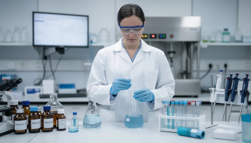 Un pharmacien est en train de travailler dans un laboratoire de l'industrie pharmaceutique, portant une blouse blanche et utilisant des équipements de précision pour préparer des médicaments. Cette image illustre le métier de pharmacien, mettant en avant ses compétences techniques et son professionnalisme dans le domaine de la santé.
